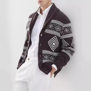 Men's vintage geometric jacquard knitted cardigan sweater for business casual wear