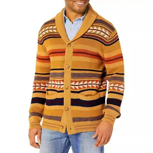 Men's mustard yellow jacquard knit cardigan with shawl collar and tribal patterns