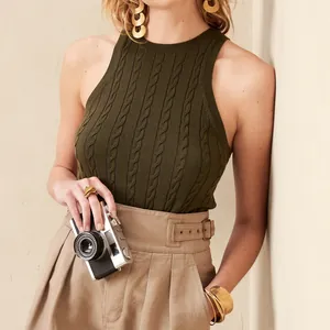 Canotta da donna in maglia a trecce verde scuro senza maniche, vestibilità slim top