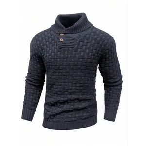 Detail of men's navy blue shawl collar knit sweater with chunky basketweave texture