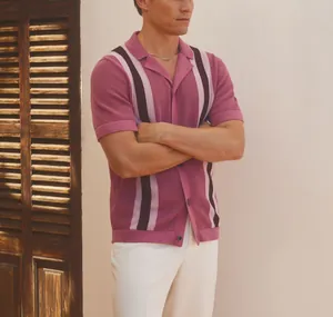 Detail of purple striped knit Polo shirt with breathable hollow texture for men.