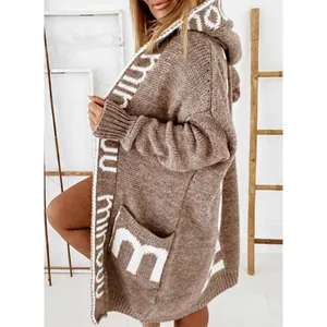 Long oversized hooded knit cardigan with letter pattern and pockets for autumn winter.