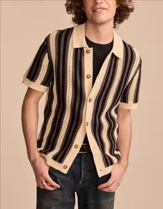 Close-up of men's casual striped hollow knit polo shirt with retro crochet texture.