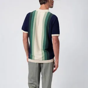 Back view of men's casual vertical stripe knit Polo shirt in navy and green colors