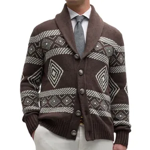 Men's brown knitted shawl collar cardigan with geometric diamond jacquard pattern