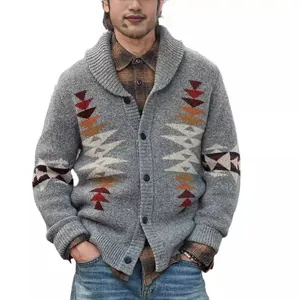 Stylish men's shawl collar knitted cardigan with Southwestern geometric pattern in grey