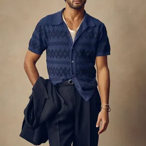 Premium men's knit short sleeve polo cardigan featuring a stylish jacquard pattern