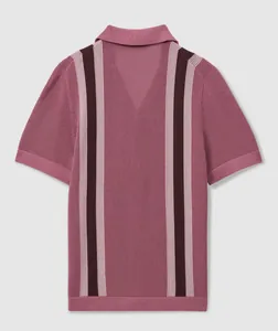 Rear view detail of the pink breathable hollow-out knit texture on a striped men's polo shirt