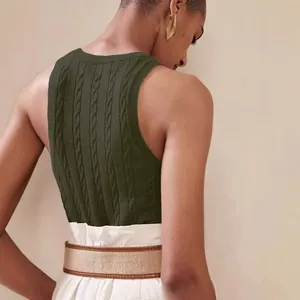 Elegante gilet in maglia a trecce verde scuro senza maniche con girocollo da donna