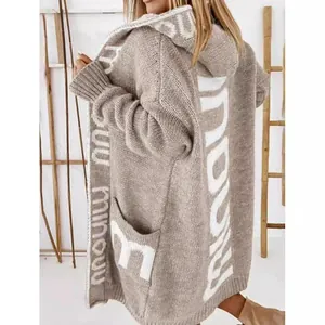 Cozy beige long hooded cardigan with white letter knit pattern for autumn winter