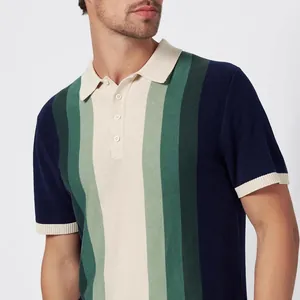Men's casual multi-colored vertical striped knit polo shirt with short sleeves