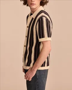 Side view detail of men's striped hollow-out knit Polo shirt with brown buttons.