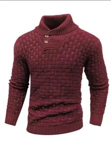 Detail view of a maroon men's knitted sweater with a textured basket-weave pattern