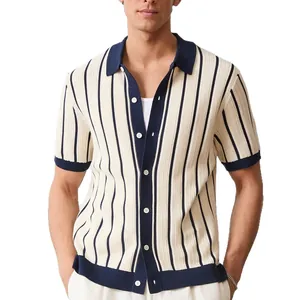 Vintage style men's vertical striped knit polo shirt with navy collar and buttons