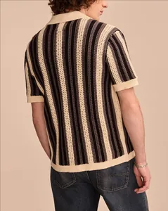 Detailed back view of men's casual striped hollow-knit polo shirt in breathable fabric