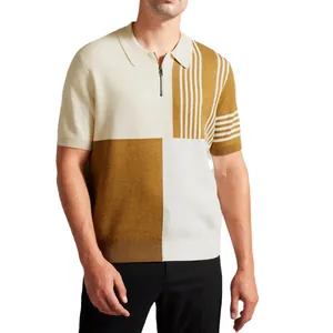 Polo en tricot pour homme avec design color-block et rayures, demi-fermeture éclair