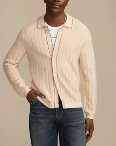 Professional close-up of men's hollow knit Polo cardigan in cream with vertical texture.