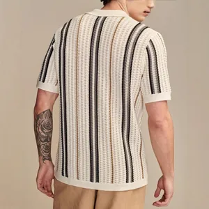 Men Polyester Striped Knit Polo Shirt Short Sleeve Button Down Hollow Out Top Casual British Style Vertical Stripes Cardigan