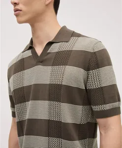 Close-up detail view of men's knitted Polo shirt with striped texture and V-neckline