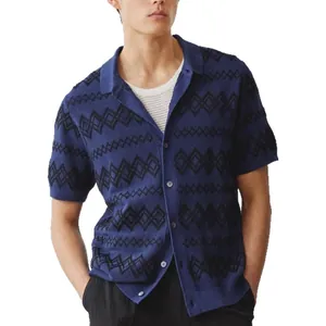 Men's blue short sleeve knitted polo cardigan with black diamond jacquard patterns
