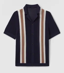 Detail shot of men's breathable hollow-out knitted Polo shirt with stylish vertical stripes.