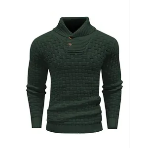 Detail view of dark green men's shawl collar sweater with textured knit pattern