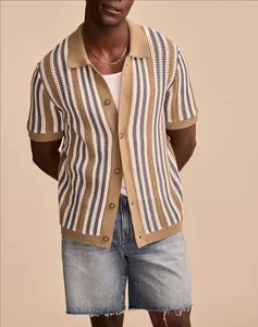 Detail of men's short sleeve striped crochet knit polo shirt in khaki and blue.