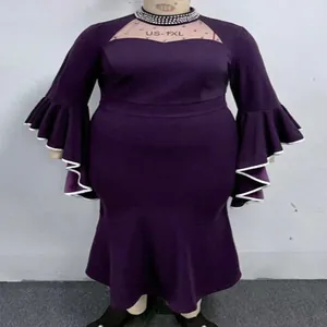 Elegant plus size purple mermaid dress with rhinestone mesh neckline and bell sleeves