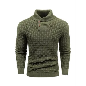 Detailed view of a men's army green shawl collar sweater with basketweave knit texture
