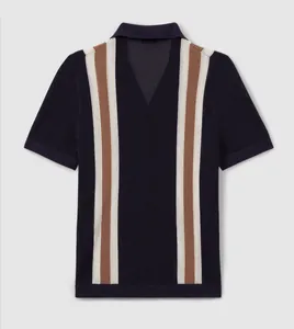 Men's breathable hollow knit Polo shirt with vertical stripes and V-neckline