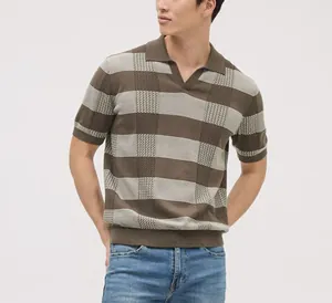 Detail of men's knitted polo shirt featuring textured horizontal stripes and a V-neck