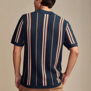 Stylish men's short sleeve vertical striped hollow-out knit polo shirt back view
