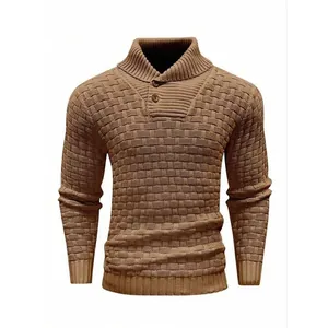 Detailed view of a brown men's knit sweater featuring a shawl collar and buttons.