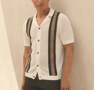 Close-up of men's breathable hollow knit polo shirt featuring stylish vertical stripes