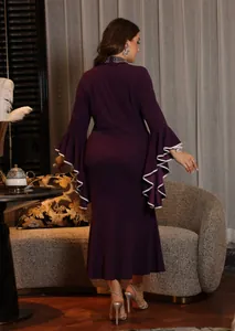 Detailed back view of elegant plus size purple fishtail dress with ruffle sleeves