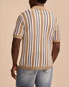 Back view of a men's striped hollow knit polo shirt in beige and blue textured knit.