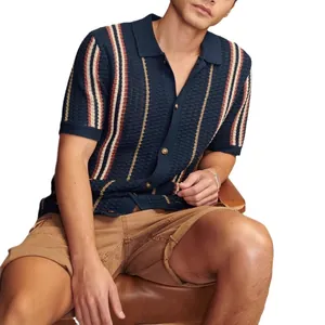 Men's navy blue vertical striped knit polo shirt with short sleeves and button-down front.