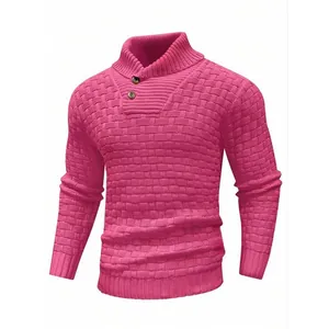 Men's pink knitted sweater with basket-weave texture and shawl collar detail