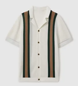 Close-up detail of a breathable men's hollow knit striped Polo shirt with elegant buttons