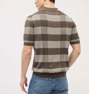 Detailed back view of a men's striped knitted Polo shirt with hollow knit texture.