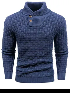 Detailed front view of blue men's knitted sweater featuring basket-weave texture
