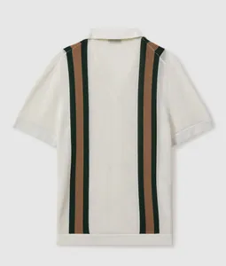 Detailed back view of a men's breathable striped knitted polo shirt in cream and green.