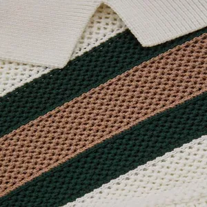 Close-up of breathable hollow-out knit fabric and striped pattern on men's Polo shirt.