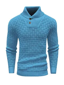 Detailed view of blue men's knitted sweater with a stylish shawl collar and buttons