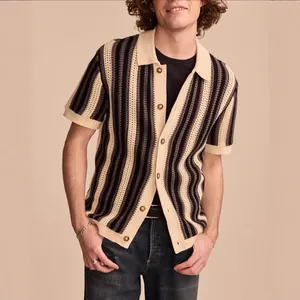 Men Casual Striped Hollow Knit Polo Shirt Short Sleeve Patchwork Breathable Polyester Top BK0068