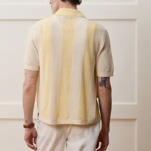 Men's casual knit short-sleeve polo shirt with yellow vertical stripes and hollow texture