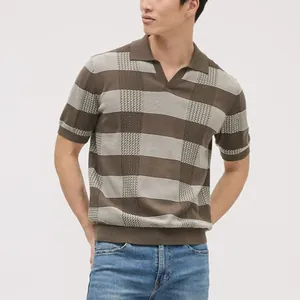 Men's Fashion Knitted Polo Shirt Hollow Out V-Neck Short Sleeve Casual Color Block Knit Top