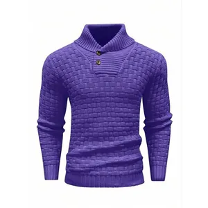 Close-up of purple men's knit sweater with basket-weave texture and shawl collar.