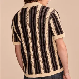 Back view of men's casual vertical striped hollow-out knit polo shirt in cream and black
