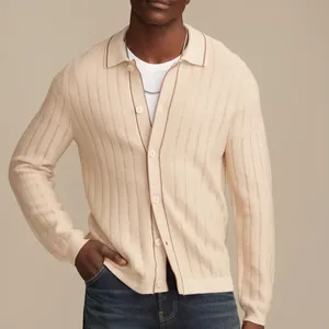 Men's Casual Viscose Hollow Out Knit Polo Jacket Long Sleeve Contrast Trim Button Up Cardigan Lightweight Breathable Top BK0070